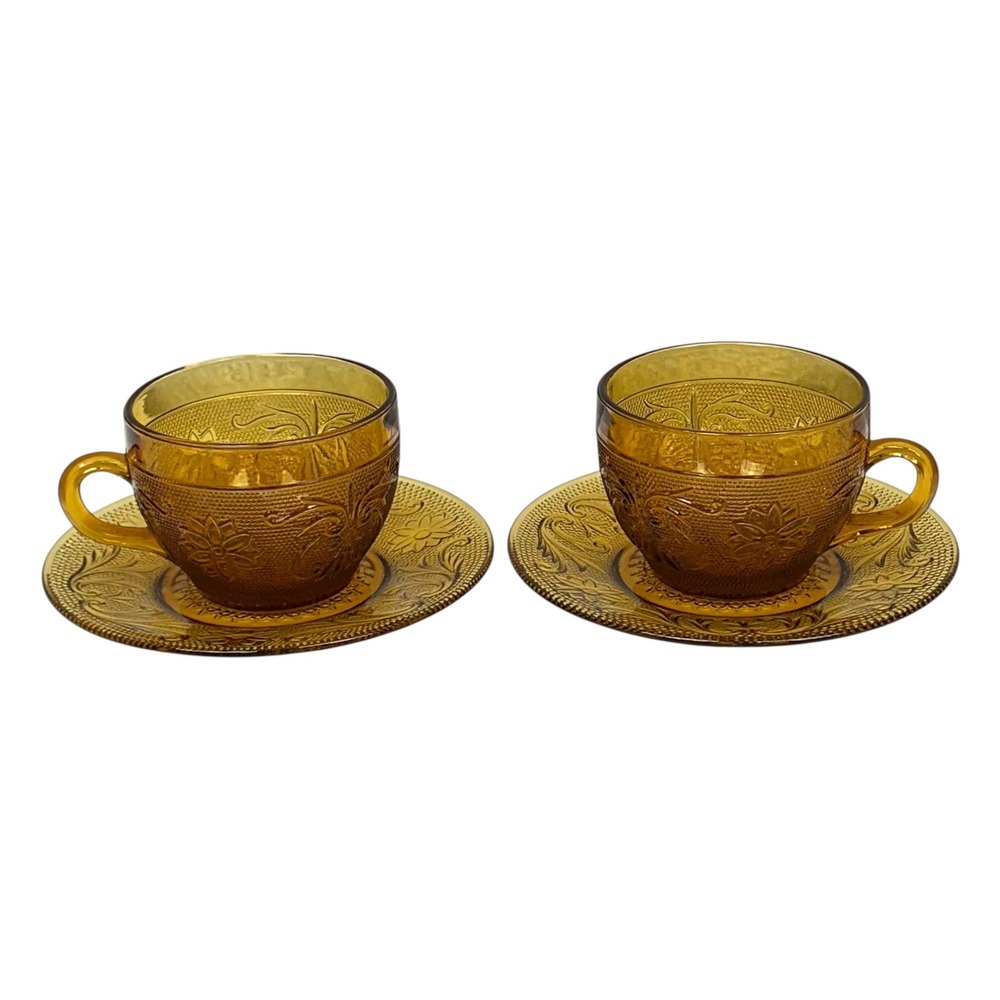 VTG Indiana Glass Tiara Daisy Sandwich Amber Coffee‎ Tea Cup & Saucer SET OF 2